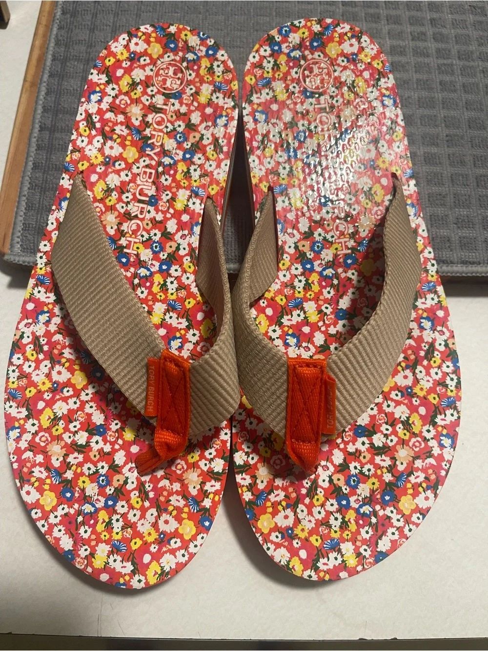 Tory Burch Red Floral Flip Flops with Tan Straps and Orange Accents